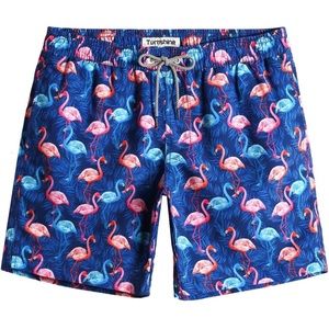 NEW Quick Drying Swim Short Men Blue & Pink Flamingo